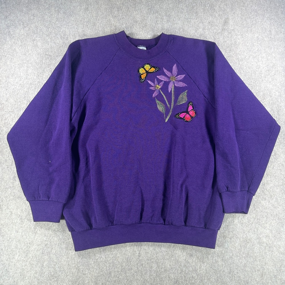 Fruit of the Loom Womens Vintage Grandma Butterfly Sweatshirt Purple Size Large